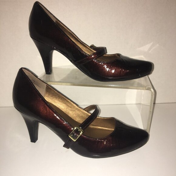 Me Too Chocolate Brown Heels 3 Inch Patent Strap/Buckle - Picture 2 of 13